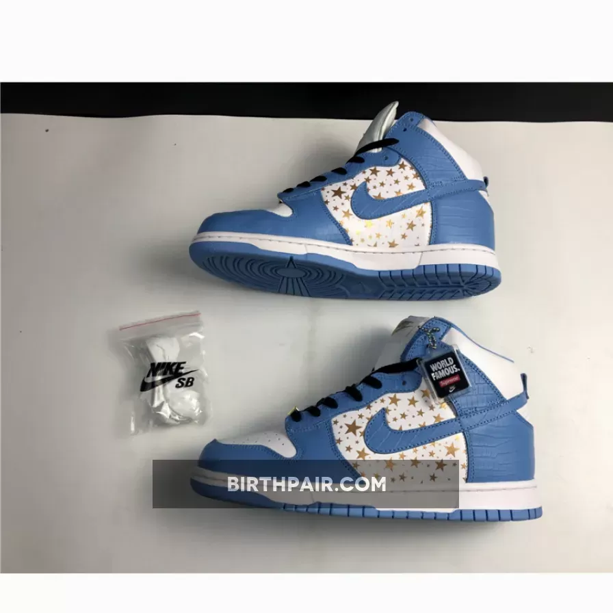 University Blue Dunks High Supreme x Nike SB Dunk High Pro White/University Blue 307385-181