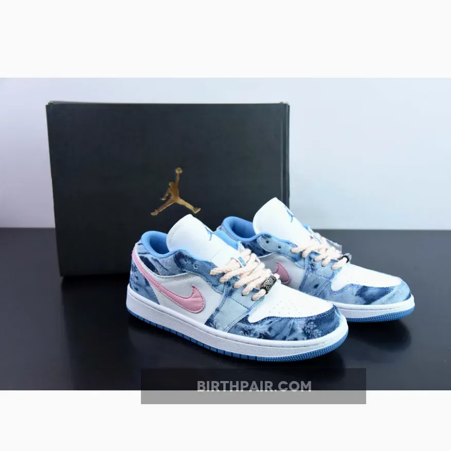 Sail White Custom Air Jordan 1 Low Washed Denim/White-Pink