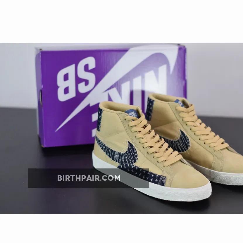 Sashiko Blazer / Nike Blazer Mid Sesame/Mystic Navy-Sail-Gum Light Brown