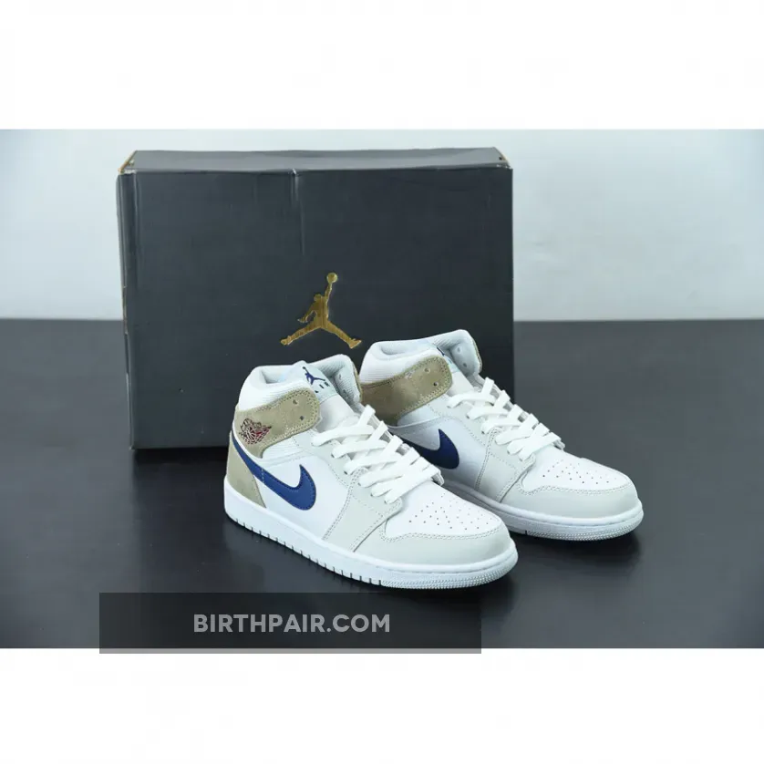 Khaki And Red Jordan 1 / Air Jordan 1 Mid Navy Swooshes and Tan Suede