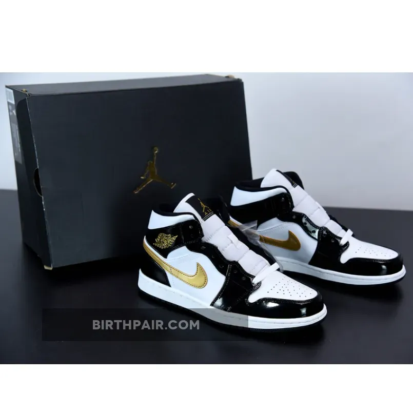 Air Jordan 1 Mid Patent 'Black Gold' Pattern Leather Jordan 1
