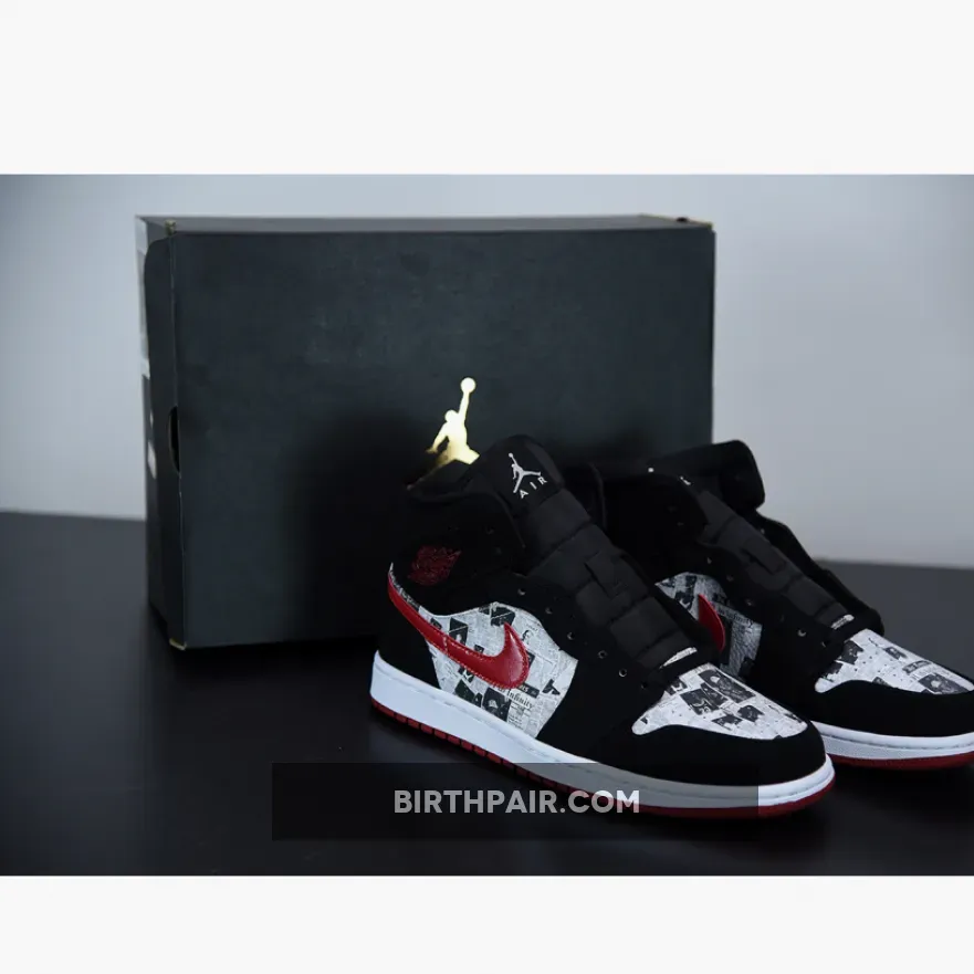 Air Jordan 1 Mid SE 'Newspaper' Black/Gym Red-White Newspaper Jordan 1